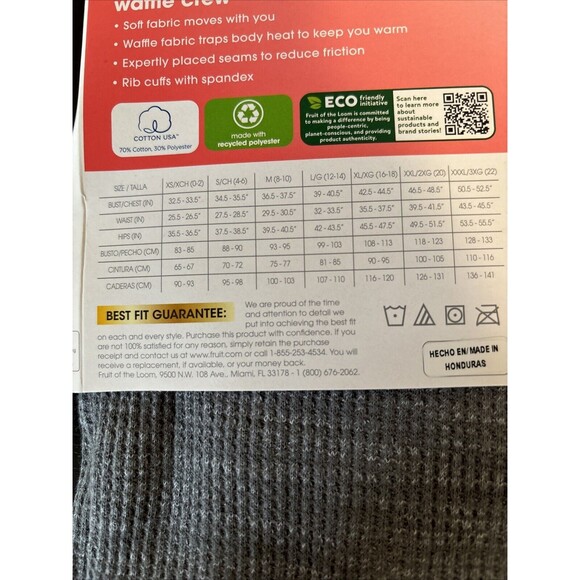 Fruit of the Loom Womans Waffle Eversoft Crew Thermal Gray Shirt Size XL NWT - Picture 5 of 6